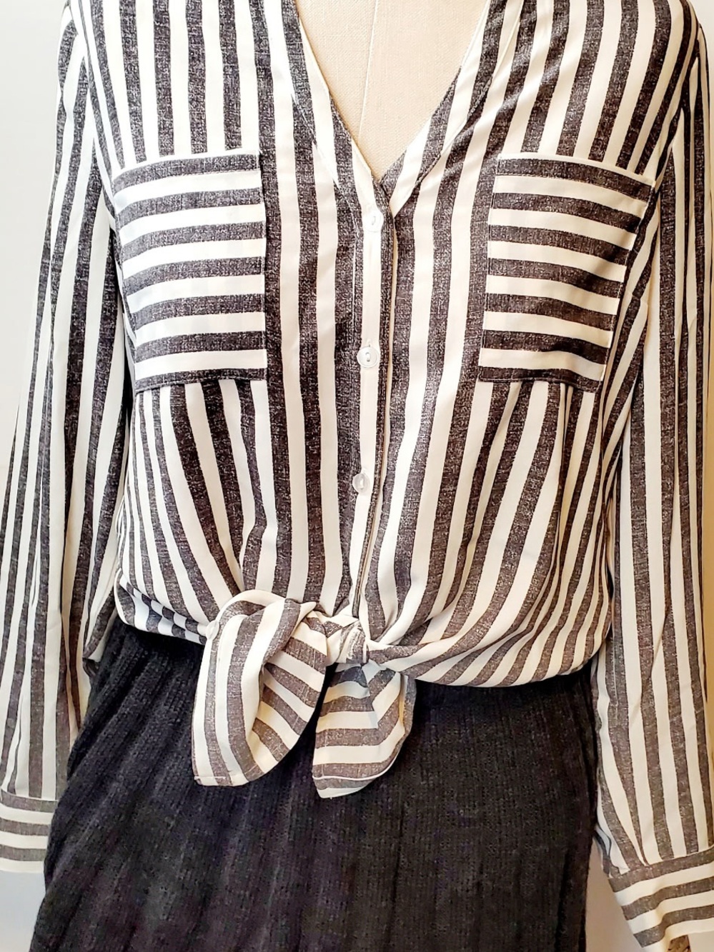Striped Tie-Front V-Neck Blouse - Black & White